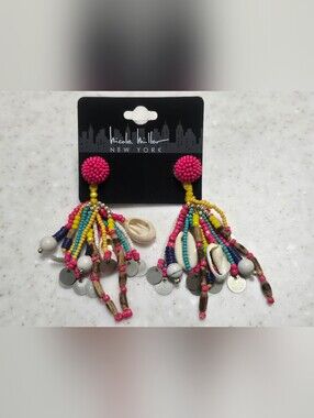 NWT Nicole Miller Multicolor Beaded Tassel Shell Earrings Made In INDIA